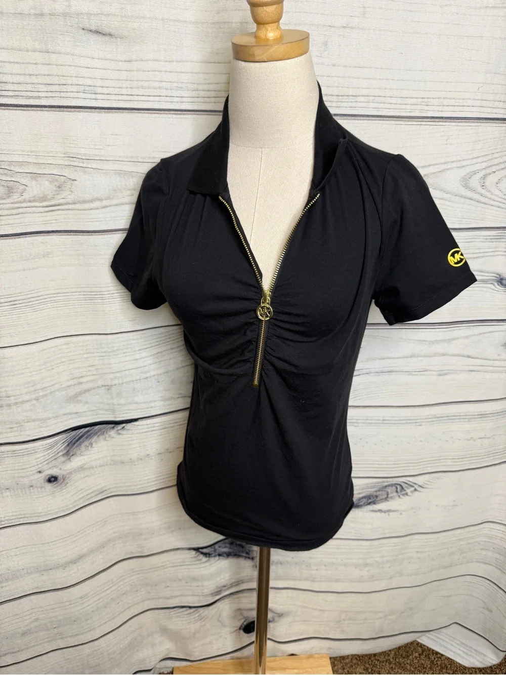 Michael Kors Black Short-Sleeve Zip Polo with Gold Accents